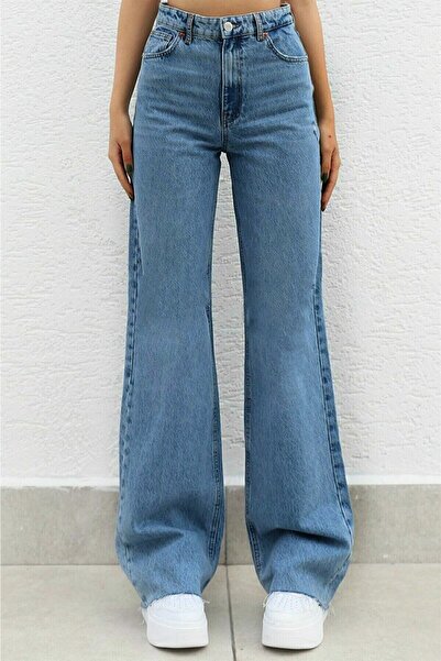 Livik Divat Nova Gold Lycra laza női közepes hókék szuper magas derekú, laza lábú farmer farmernadrág