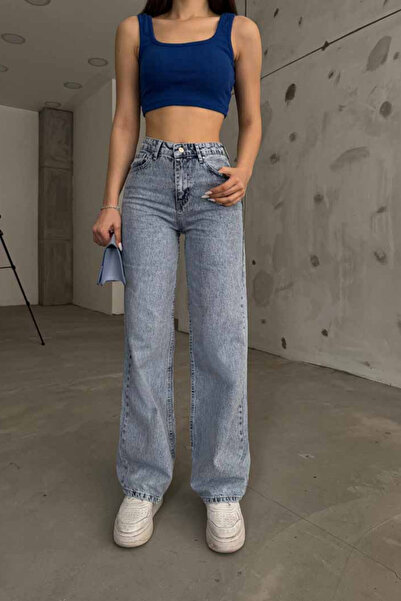 Livik Cosmina material elastic Blugi de damă albastru Mid Snow Super talie înaltă cu picioare largi pantaloni palazzo