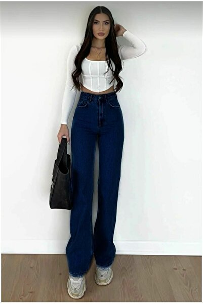 Livik Blugi Nicy Power Lycra albastru închis cu talie super înaltă, cu picioare largi