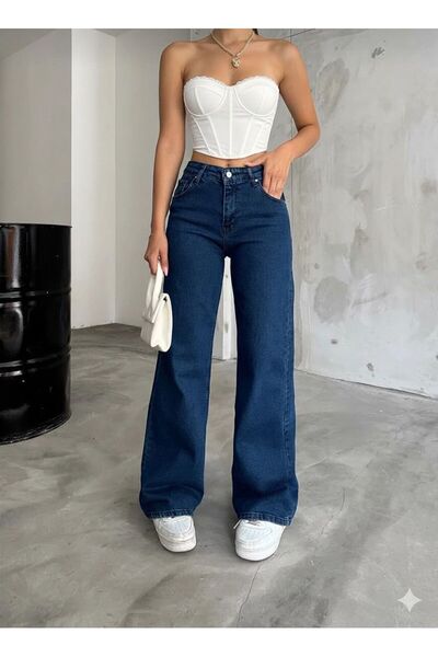 Livik Elena Power Lycra Women's Dark Blue Super High Waist Loose Leg Jans Denim Palazzo Trousers
