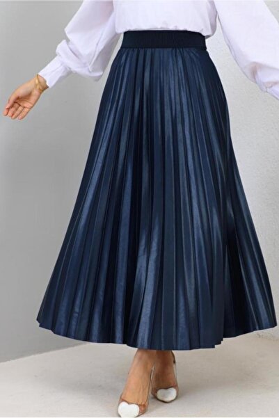 TRENDTESETTÜR WOMEN'S NAVY BLUE PLEATED WAIST RUBBER SKIRT T 8354