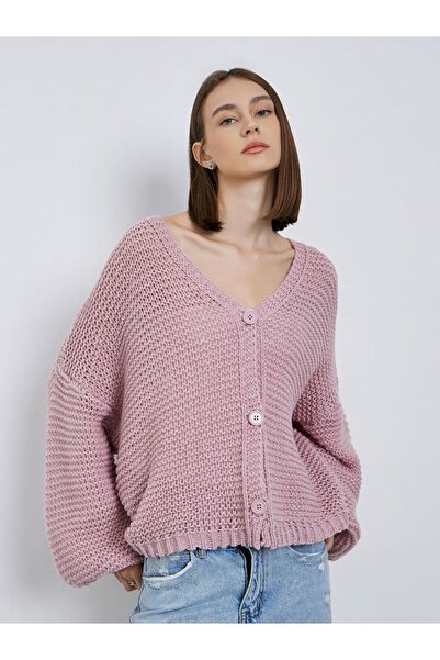 Styli Pink Boxy Fit Chunky Knit Cardigan