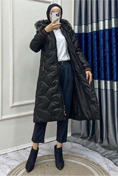 TRENDTESETTÜR Women's Black Fur-Hooded Puffer Coat t 807-2