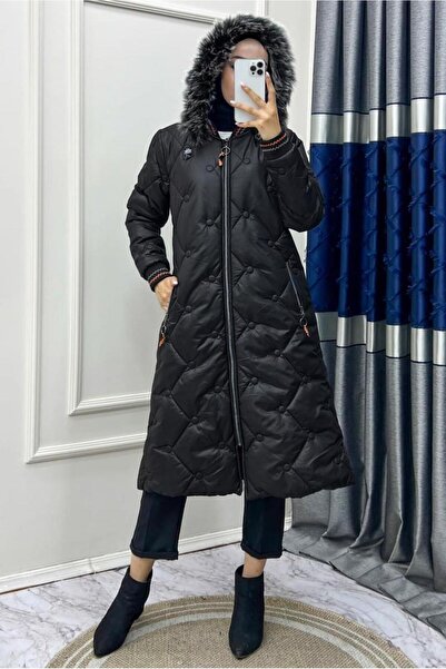 TRENDTESETTÜR Women's Black Fur-Hooded Puffer Coat t 807-2