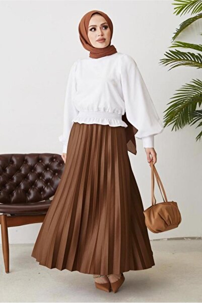 TRENDTESETTÜR WOMEN'S COFFEE (A.COFFEE) PLEATED WAIST RUBBER SKIRT T 8354