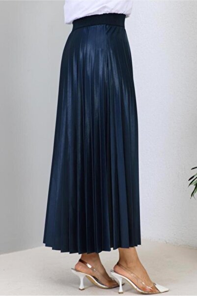 TRENDTESETTÜR WOMEN'S NAVY BLUE PLEATED WAIST RUBBER SKIRT T 8354