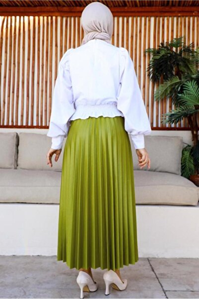 TRENDTESETTÜR WOMEN'S GREEN (ÖL GREEN) PLEATED WAIST ELASTIC SKIRT T 8354