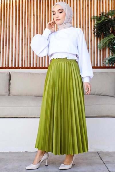 TRENDTESETTÜR WOMEN'S GREEN (ÖL GREEN) PLEATED WAIST ELASTIC SKIRT T 8354