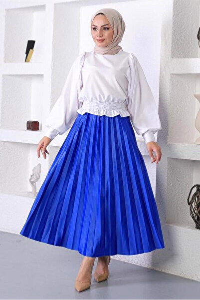 TRENDTESETTÜR Navy Blue Saks Pleated Elastic Waist Skirt - t 8354