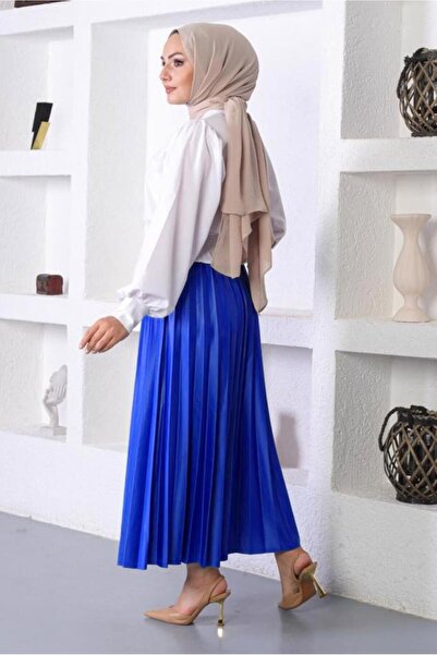 TRENDTESETTÜR Navy Blue Saks Pleated Elastic Waist Skirt - t 8354