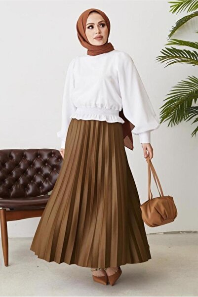TRENDTESETTÜR Women's Taba Pleated Skirt with Elastic Waist t 8354