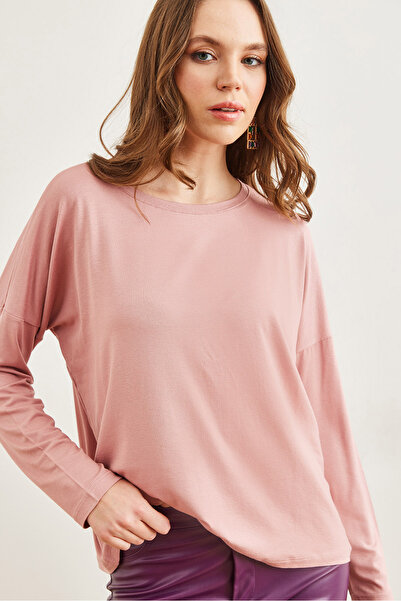 Olalook Damen Light Rose Dusty Fledermaus-Viskose-Bluse mit Rundhalsausschnitt BLZ- 19002588