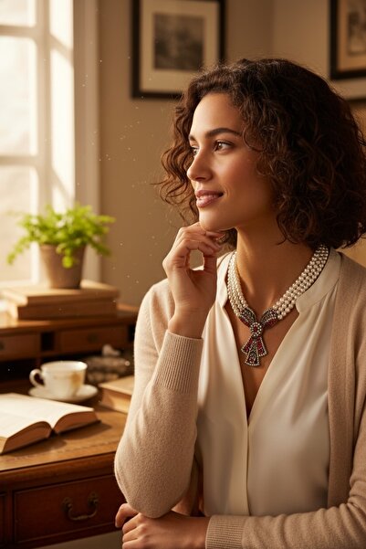 FAYRA ACCESSORIES Kristal Taşlı Tasarım İnci Kolye