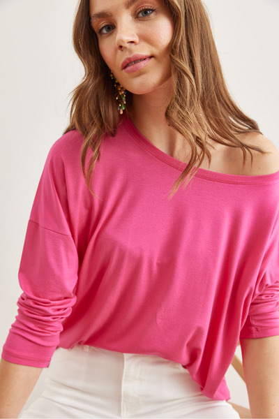 Olalook Fuchsia Viskose-Bluse – Rundhalsausschnitt, Fledermausfließ BLZ- 19002588