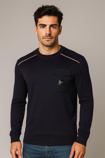 NCS Men's Knitwear Crew Neck Pocket Detailed Navy Blue 3753