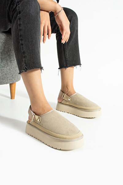 Moda Devrin Beige Suede Thick Sole Sandals with Wool Inside