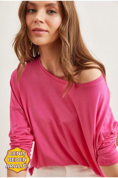 Olalook Fuchsia Viskose-Bluse – Rundhalsausschnitt, Fledermausfließ BLZ- 19002588