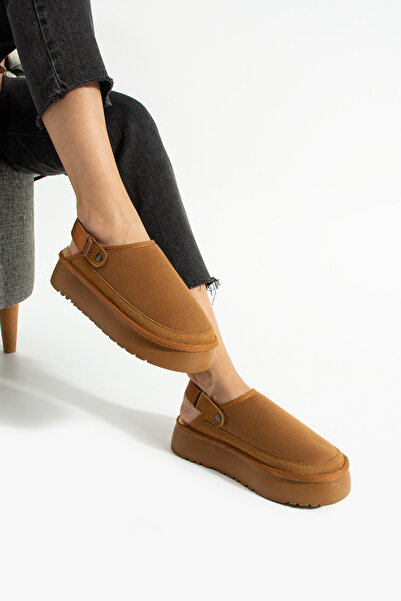 Moda Devrin Tan Suede Thick Sole Sandals with Wool Inside