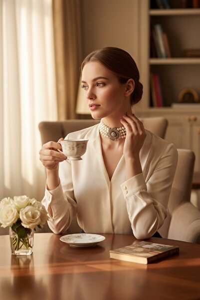 FAYRA ACCESSORIES Kristal Taşlı Çiçek Figür İnci Kolye