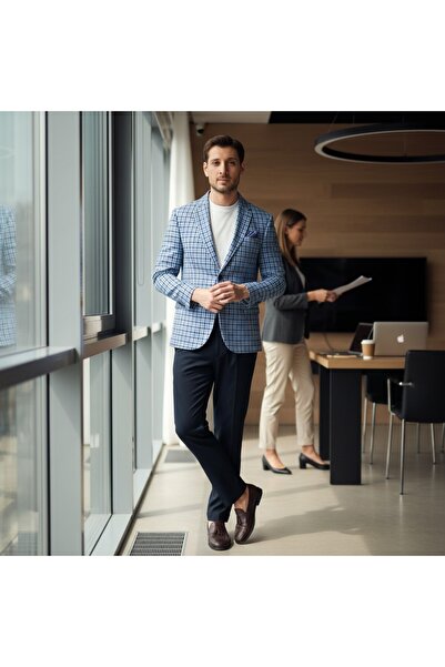 Frappoli Assente Чоловічий темно-синій - синій лляний візерунок, картатий, облягаючий, з монокоміркою, спортивний блейзер