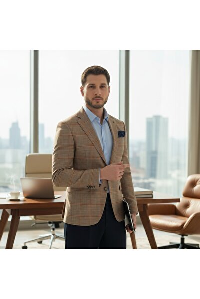 Frappoli Marega Ανδρικό Μπέζ Καρό Slim Fit Μονοκορτινο Σπορ Μπλέιζερ Σακάκι