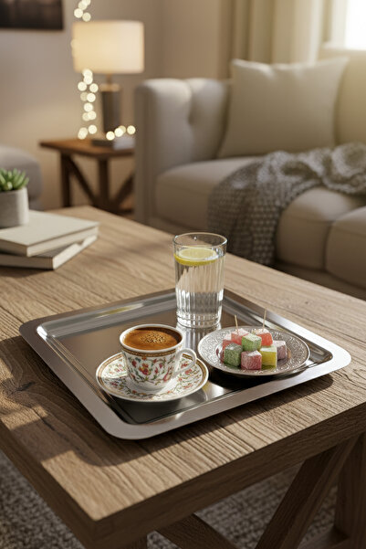 Gökdil 12 Pieces (22X22) Square Silver Color Coffee Presentation Tray