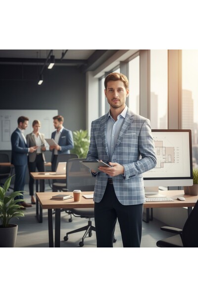 Frappoli Uche Чоловічий синій картатий блейзер зі звуженим кроєм та монокомір