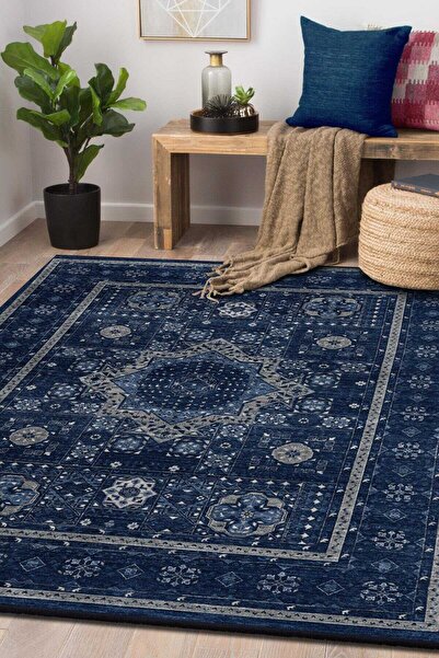 Frenda Home Fas Kapısı Desenli Yıkanabilir Pamuk Taban Halı Lacivert