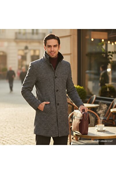 Frappoli Ανδρικό παλτό με κασμίρι - καρό σχέδιο, κανονική εφαρμογή, πολύ χοντρό, φερμουάρ και λεπτή γούνα