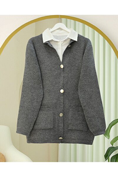 Modamorfo Buttoned Front Double Pocket Soft Knit Cardigan - Smoked
