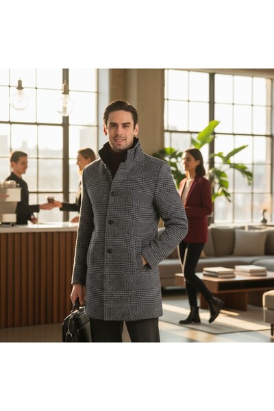 Frappoli Ανδρικό παλτό με κασμίρι - καρό σχέδιο, κανονική εφαρμογή, πολύ χοντρό, φερμουάρ και λεπτή γούνα