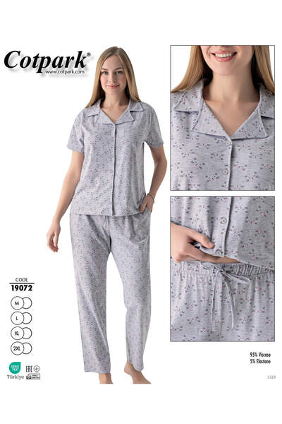 Cotpark Women's Viscose Combed Cotton Pajamas Set - Ribbed, Buttoned, Short Sleeve, Shirt Neck 19072