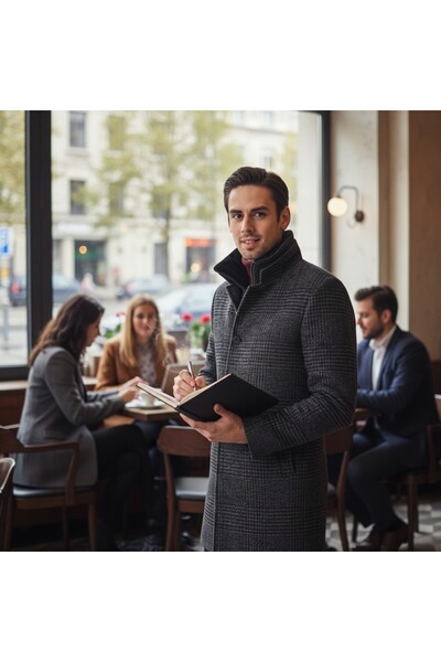 Frappoli Ανδρικό παλτό με κασμίρι - καρό σχέδιο, κανονική εφαρμογή, πολύ χοντρό, φερμουάρ και λεπτή γούνα