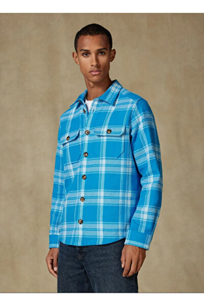 Abbate Fumo Flannel Cotton Overshirt Fit Dark Blue Classic Collar Men's Plaid Overshirt