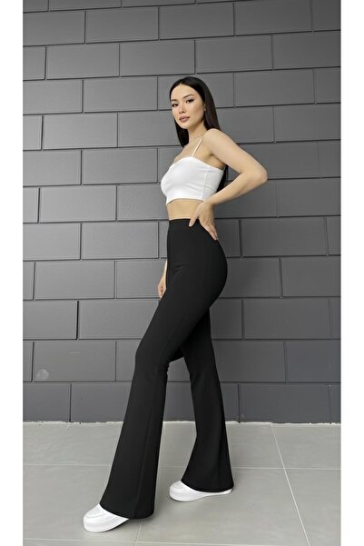 NOLYA MODA بنطلون نسائي أسود مبطن بالصوف واسع الأرجل كريب عالي الخصر L قماش قابل للتمدد T يبرز انحناءات الجسم