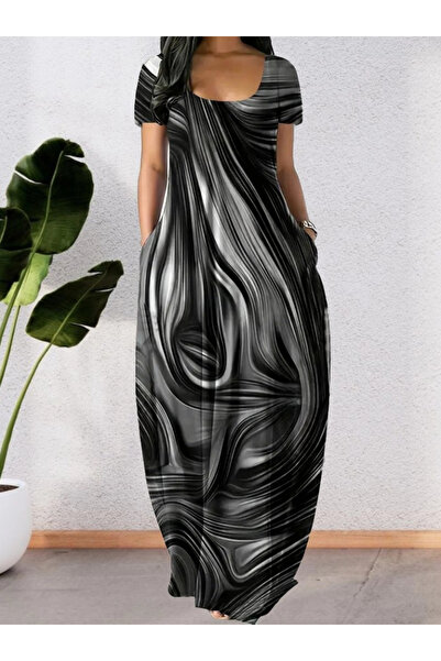 ESSFASIHON Γυναικείο κοντομάνικο στρογγυλό γιακά φόρεμα με τσέπες με στάμπα μ...