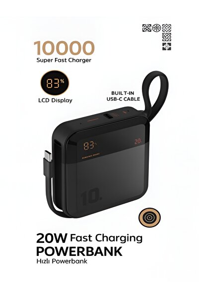 DEANB 10000mAh Dijital Göstergeli Type-C Kablolu/Girişli 20W Hızlı Şarjlı Pow...