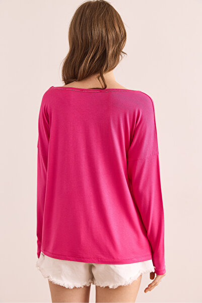 Olalook Γυναικεία φούξια ασημί ραφή με λεπτομέρεια V-λαιμόκοψη βισκόζη μπλούζα BLZ- 19002747