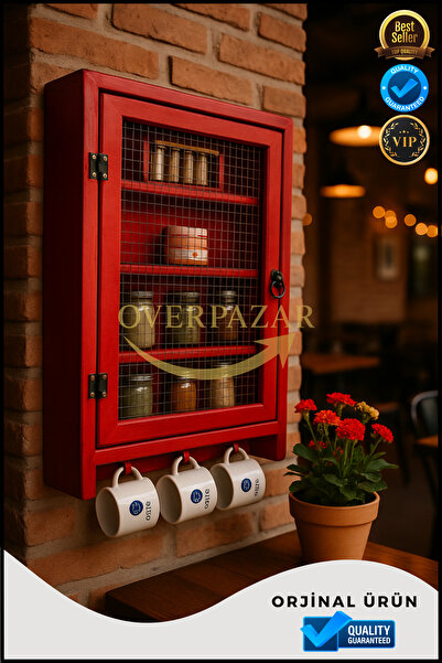 Pazarana Ahşap Özel Üretim El Işçiliği Masif Ahşap Çam Ağacı Tel Dolap 50* 65 *10 Cm Kırmızı Renk