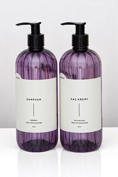 homence 2'li Şampuan Saç Kremi Etiketli Plastik Şişe Seti Mor Sabunluk 500 ml