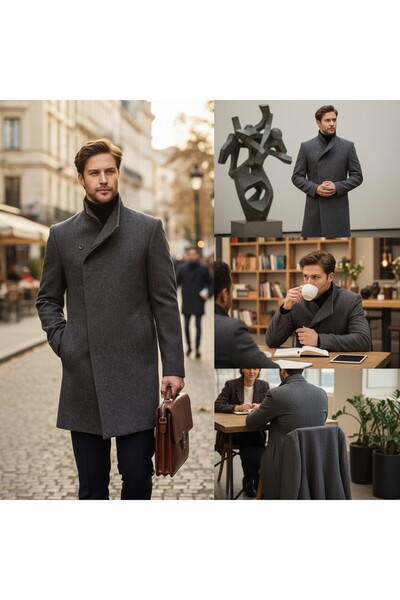 Frappoli Liberto Men's Brown-Navy Blue Shawl Collar Slim Fit Cashmere Coat