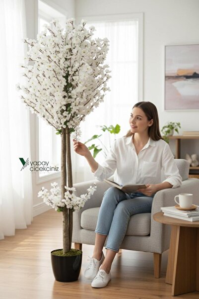 YAPAY ÇİÇEKÇİNİZ Siyah Saksıda Yoğun Yapraklı 180 Cm Yapay Bahardalı Ağacı Beyaz