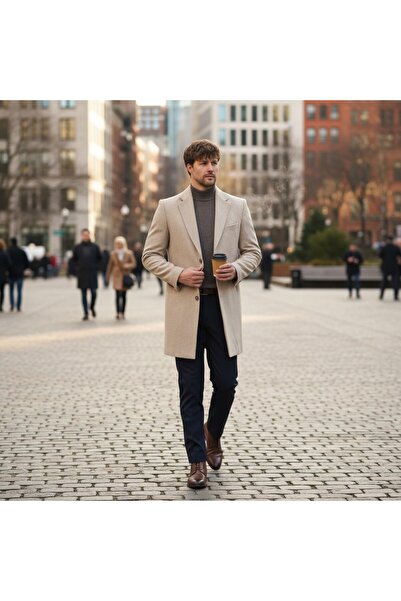 Frappoli Pagano Men's Beige Jacket Collar Slim Fit Cashmere Coat