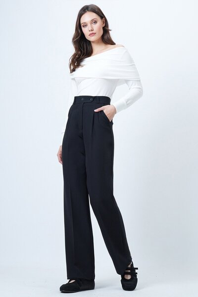 VAGGON Women's Black Elastic Waist Button Closure Double Pocket Trousers Vs01456