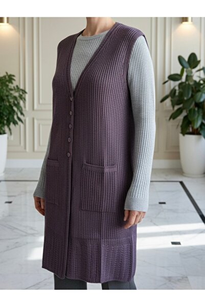 TİRİTEK Mercerized Modern Hair Knit Single Knit Long Mother Vest / Lilac