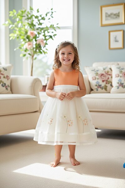 Dide Kids Dide Kız Çocuk 3 Boyutlu Nakışlı Somon Elbise