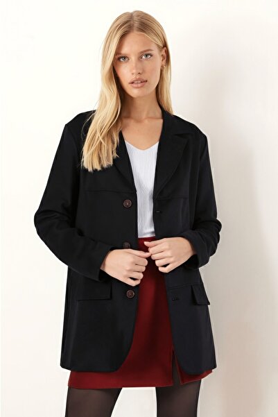 armonika Дамско висококачествено висококачествено велурено яке с черна яка и капак с джоб и копчета с подплата-25K 001057