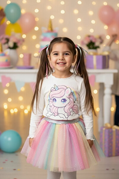 Milangel Unicorn Gökkuşağı ekstra kabarık Tütü Etekli Uzun Kollu Baskılı Ikil...