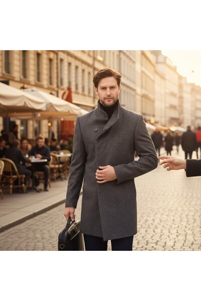 Frappoli Liberto Men's Brown-Navy Blue Shawl Collar Slim Fit Cashmere Coat