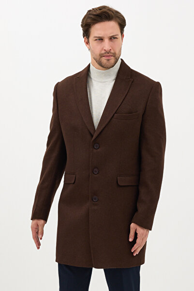 Frappoli Pagano Men's Brown Pointed Collar Slim Fit Cashmere Coat